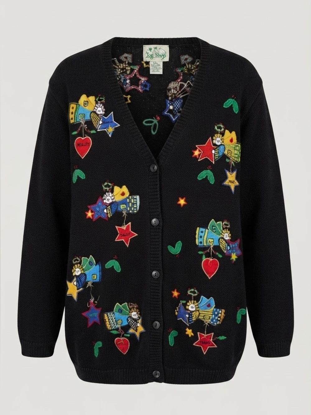 Vintage Quacker Factory Embroidered Angel Star Cardigan Black Sweater 1X